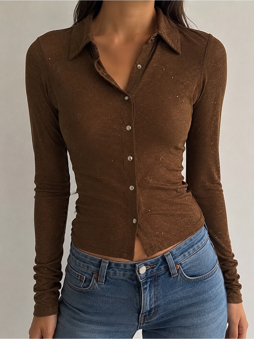 Princess Polly Brown Sparkle Fitted Button-Down Top